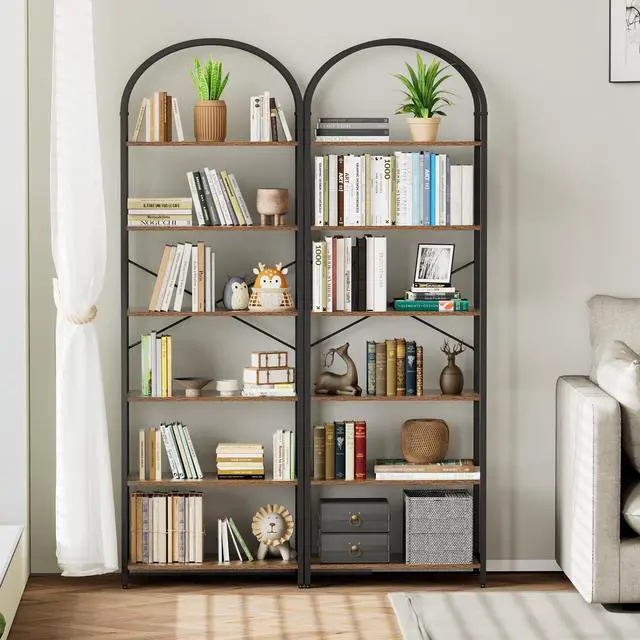 Alt view image 4 of 7 - Homhedy 6-Tier Bookshelf Arched Display Racks, Wood and Metal Bookcase, Tall Bookshelf, Industrial Display Standing Shelf Unit, for Home Office, Living Room, Bedroom, Bathroom, Rustic Brown