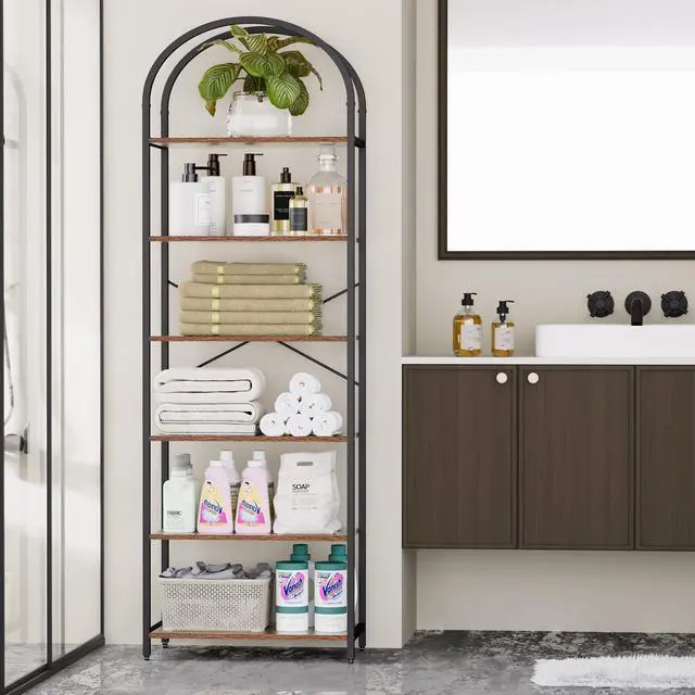 Alt view image 7 of 7 - Homhedy 6-Tier Bookshelf Arched Display Racks, Wood and Metal Bookcase, Tall Bookshelf, Industrial Display Standing Shelf Unit, for Home Office, Living Room, Bedroom, Bathroom, Rustic Brown