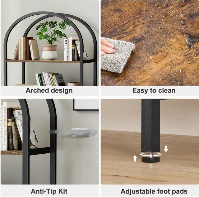 Alt view image 5 of 7 - Homhedy 6-Tier Bookshelf Arched Display Racks, Wood and Metal Bookcase, Tall Bookshelf, Industrial Display Standing Shelf Unit, for Home Office, Living Room, Bedroom, Bathroom, Rustic Brown