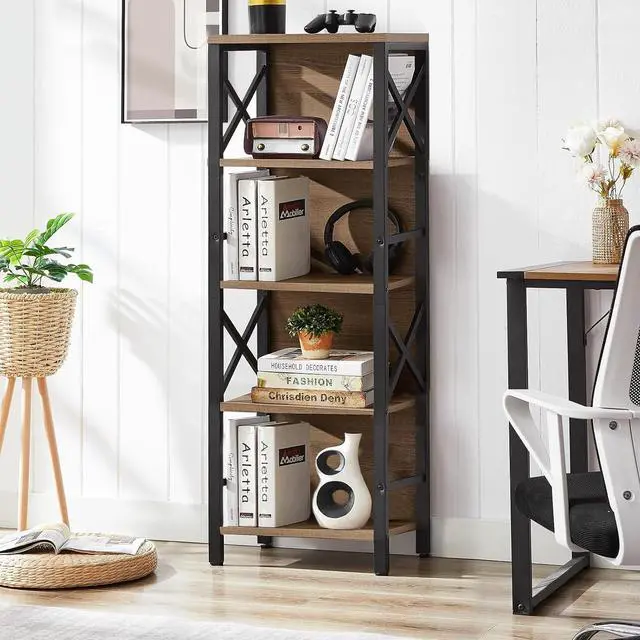 Alt view image 2 of 7 - MNEETRUNG Small Bookshelf,5 Tier Industrial Bookshelf with Metal Frame and Backboard,Narrow Rustic Brown Book Shelf,Book case for Small Spaces,Living Room,Bedroom and Home Office