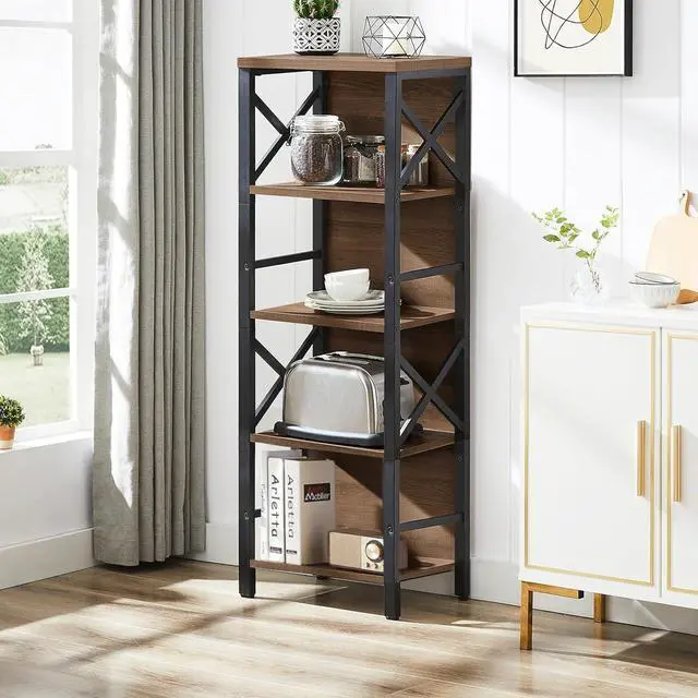 Alt view image 3 of 7 - MNEETRUNG Small Bookshelf,5 Tier Industrial Bookshelf with Metal Frame and Backboard,Narrow Rustic Brown Book Shelf,Book case for Small Spaces,Living Room,Bedroom and Home Office