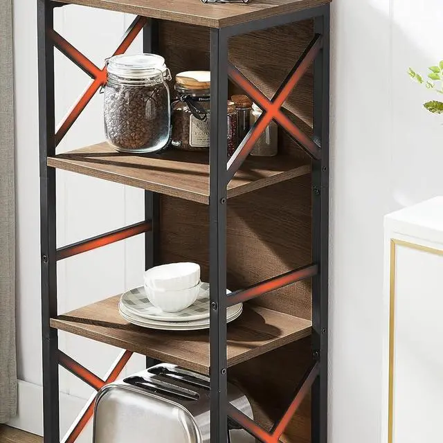 Alt view image 5 of 7 - MNEETRUNG Small Bookshelf,5 Tier Industrial Bookshelf with Metal Frame and Backboard,Narrow Rustic Brown Book Shelf,Book case for Small Spaces,Living Room,Bedroom and Home Office