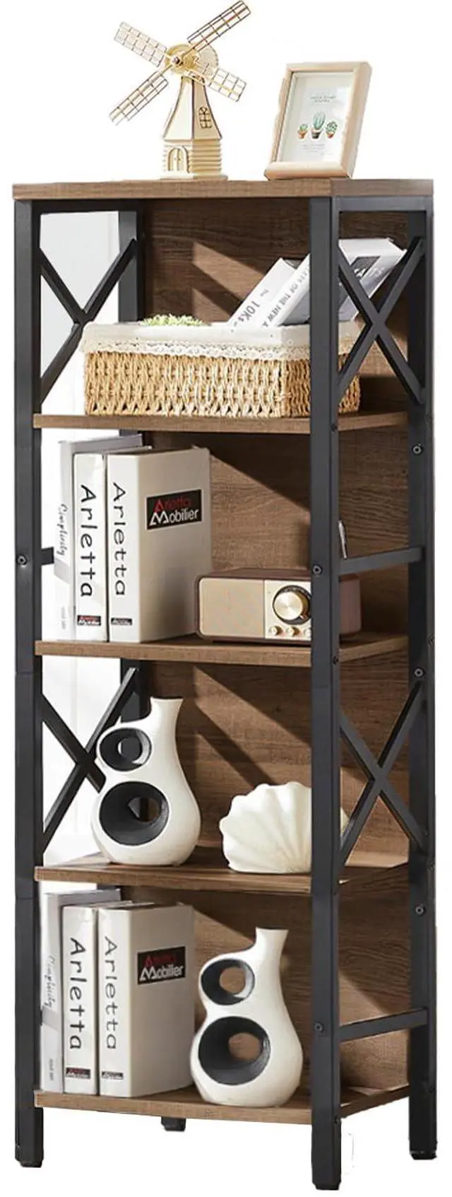 Alt view image 6 of 7 - MNEETRUNG Small Bookshelf,5 Tier Industrial Bookshelf with Metal Frame and Backboard,Narrow Rustic Brown Book Shelf,Book case for Small Spaces,Living Room,Bedroom and Home Office