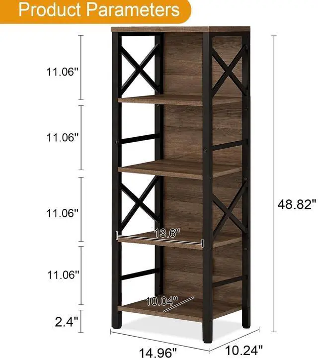 Alt view image 7 of 7 - MNEETRUNG Small Bookshelf,5 Tier Industrial Bookshelf with Metal Frame and Backboard,Narrow Rustic Brown Book Shelf,Book case for Small Spaces,Living Room,Bedroom and Home Office