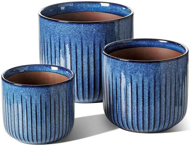 Main image of LE TAUCI Fluted Ceramic Plant Pots, 8.3/7/6 Inch Indoor Planters with Drainage Holes & Mesh, Modern Glossy Glaze Cylinder Flower Pot for Snake Plant, Set of 3, Harbor Blue