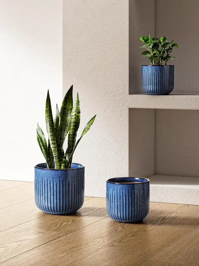 Alt view image 2 of 6 - LE TAUCI Fluted Ceramic Plant Pots, 8.3/7/6 Inch Indoor Planters with Drainage Holes & Mesh, Modern Glossy Glaze Cylinder Flower Pot for Snake Plant, Set of 3, Harbor Blue