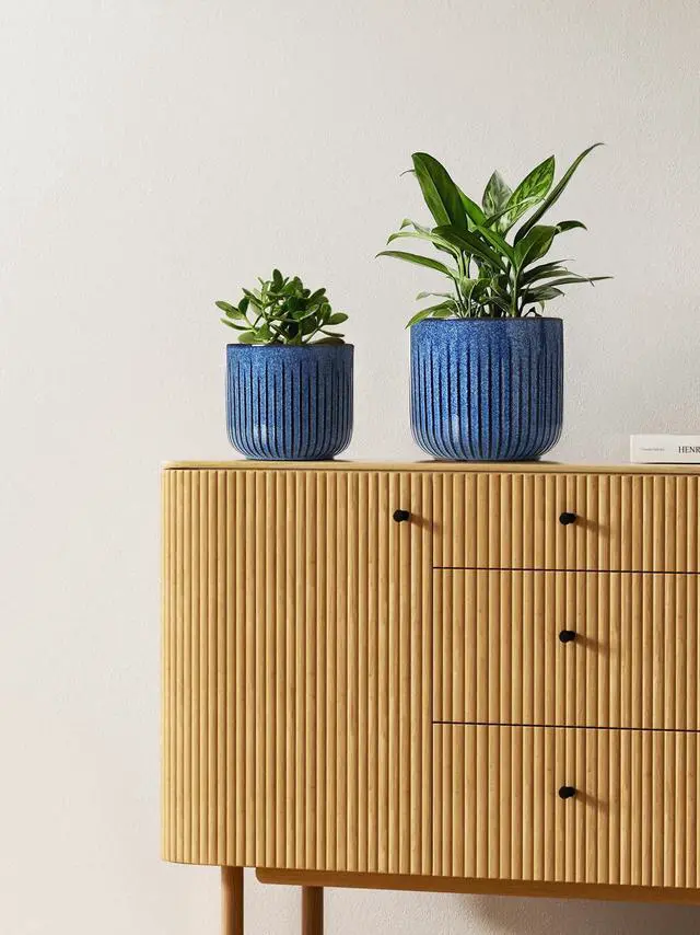 Alt view image 3 of 6 - LE TAUCI Fluted Ceramic Plant Pots, 8.3/7/6 Inch Indoor Planters with Drainage Holes & Mesh, Modern Glossy Glaze Cylinder Flower Pot for Snake Plant, Set of 3, Harbor Blue