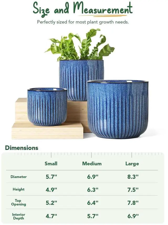 Alt view image 5 of 6 - LE TAUCI Fluted Ceramic Plant Pots, 8.3/7/6 Inch Indoor Planters with Drainage Holes & Mesh, Modern Glossy Glaze Cylinder Flower Pot for Snake Plant, Set of 3, Harbor Blue