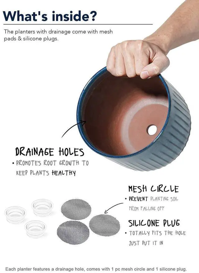 Alt view image 6 of 6 - LE TAUCI Fluted Ceramic Plant Pots, 8.3/7/6 Inch Indoor Planters with Drainage Holes & Mesh, Modern Glossy Glaze Cylinder Flower Pot for Snake Plant, Set of 3, Harbor Blue