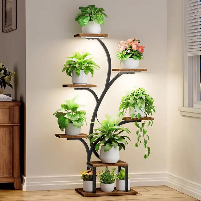 Main image of BACEKOLL Plant Stand Indoor with Grow Lights, 7 Tiered Indoor Plant Shelf, 49" Corner Plant Stands for Indoor Plants, Metal Plant Flower Display Shelf, Tree-Shaped Plant Rack for Home, Patio, Brown