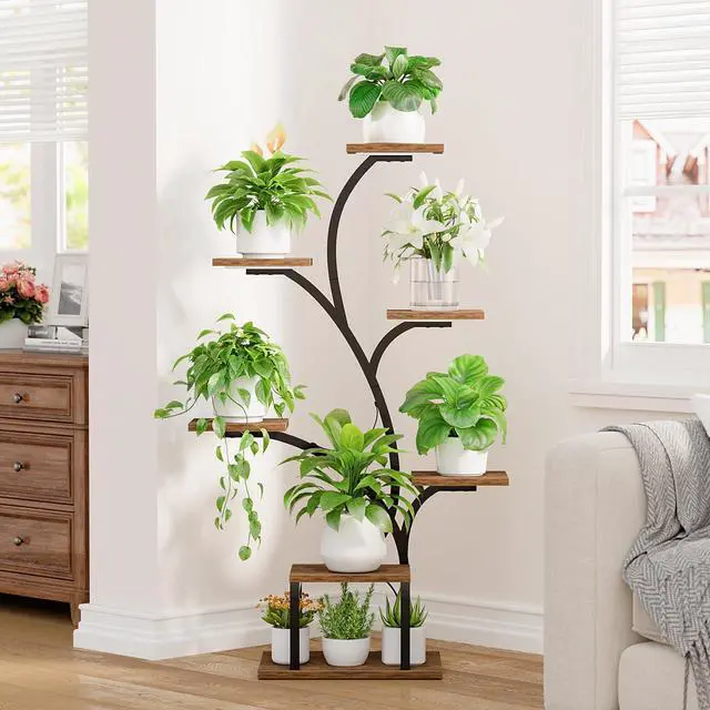 Alt view image 4 of 7 - BACEKOLL Plant Stand Indoor with Grow Lights, 7 Tiered Indoor Plant Shelf, 49" Corner Plant Stands for Indoor Plants, Metal Plant Flower Display Shelf, Tree-Shaped Plant Rack for Home, Patio, Brown