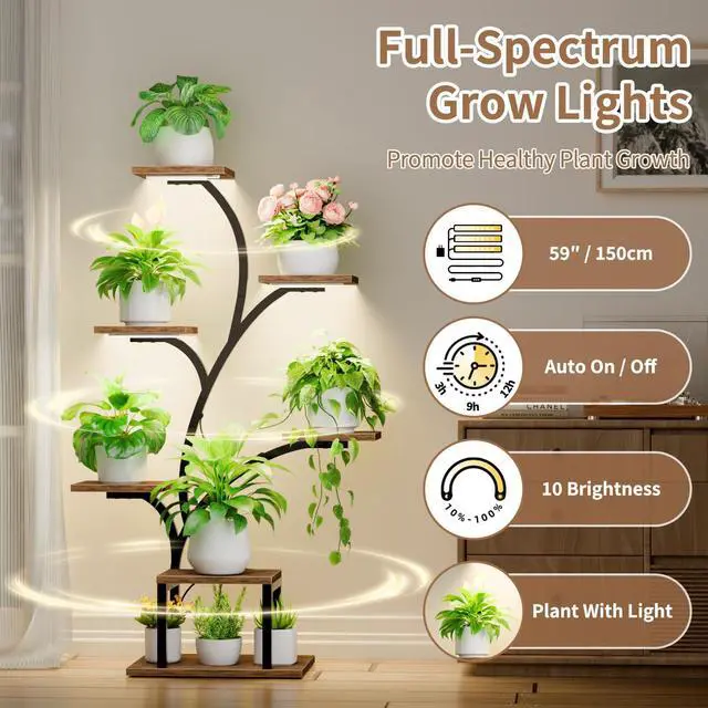 Alt view image 3 of 7 - BACEKOLL Plant Stand Indoor with Grow Lights, 7 Tiered Indoor Plant Shelf, 49" Corner Plant Stands for Indoor Plants, Metal Plant Flower Display Shelf, Tree-Shaped Plant Rack for Home, Patio, Brown