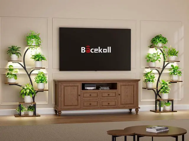 Alt view image 2 of 7 - BACEKOLL Plant Stand Indoor with Grow Lights, 7 Tiered Indoor Plant Shelf, 49" Corner Plant Stands for Indoor Plants, Metal Plant Flower Display Shelf, Tree-Shaped Plant Rack for Home, Patio, Brown