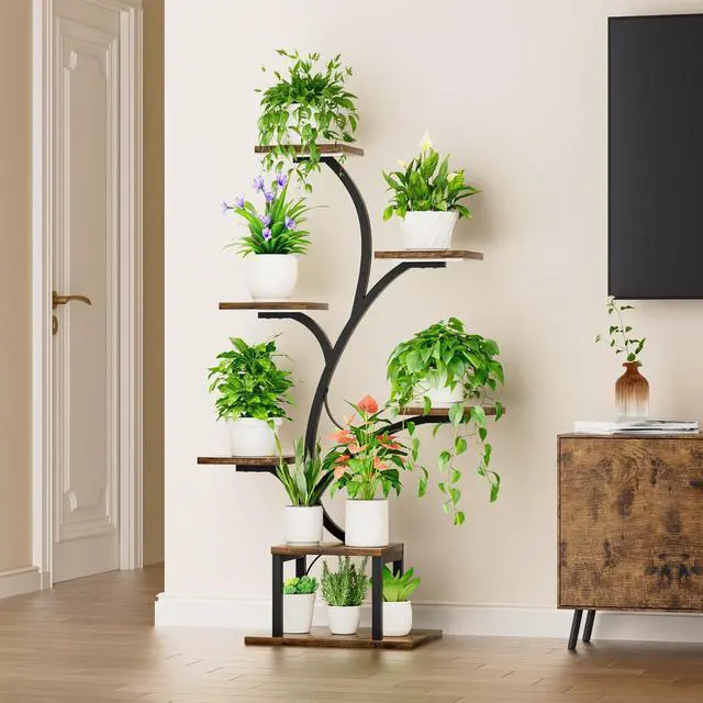 Alt view image 5 of 7 - BACEKOLL Plant Stand Indoor with Grow Lights, 7 Tiered Indoor Plant Shelf, 49" Corner Plant Stands for Indoor Plants, Metal Plant Flower Display Shelf, Tree-Shaped Plant Rack for Home, Patio, Brown