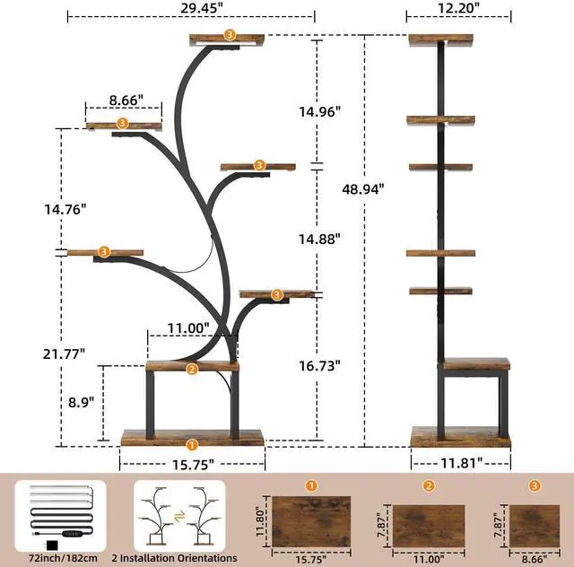 Alt view image 6 of 7 - BACEKOLL Plant Stand Indoor with Grow Lights, 7 Tiered Indoor Plant Shelf, 49" Corner Plant Stands for Indoor Plants, Metal Plant Flower Display Shelf, Tree-Shaped Plant Rack for Home, Patio, Brown