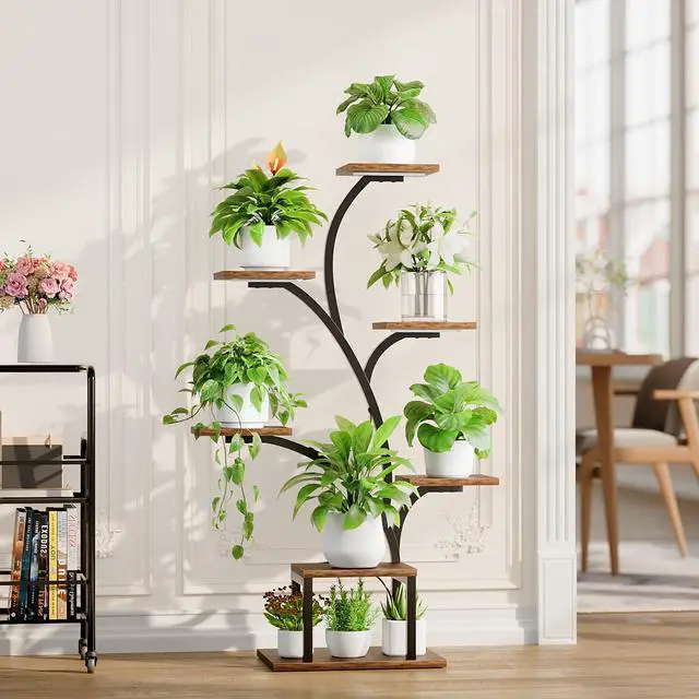 Alt view image 7 of 7 - BACEKOLL Plant Stand Indoor with Grow Lights, 7 Tiered Indoor Plant Shelf, 49" Corner Plant Stands for Indoor Plants, Metal Plant Flower Display Shelf, Tree-Shaped Plant Rack for Home, Patio, Brown