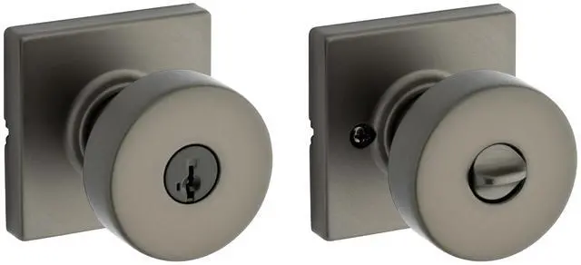 Main image of Kwikset Pismo Entry Door Knob with Lock and Key, Square Secure Keyed Handle Exterior Doorknob, Front Entrance and Bedroom, Gunmetal, Pick Resistant SmartKey Rekey Security