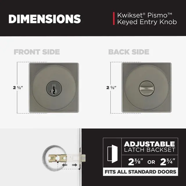 Alt view image 3 of 7 - Kwikset Pismo Entry Door Knob with Lock and Key, Square Secure Keyed Handle Exterior Doorknob, Front Entrance and Bedroom, Gunmetal, Pick Resistant SmartKey Rekey Security