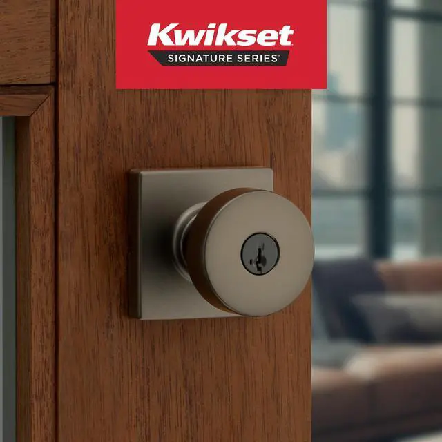 Alt view image 2 of 7 - Kwikset Pismo Entry Door Knob with Lock and Key, Square Secure Keyed Handle Exterior Doorknob, Front Entrance and Bedroom, Gunmetal, Pick Resistant SmartKey Rekey Security