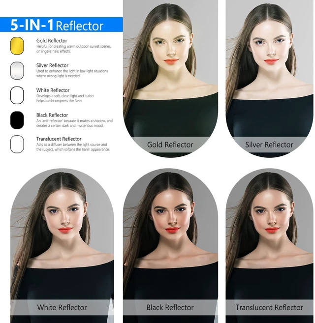 Alt view image 2 of 7 - NEEWER 59"x79"/150x200cm Light Reflectors for Photography, Portable 5 in 1 Collapsible Multi Disc with Bag - Translucent, Silver, Gold, Black, White Diffuser for Studio and Outdoor Lighting