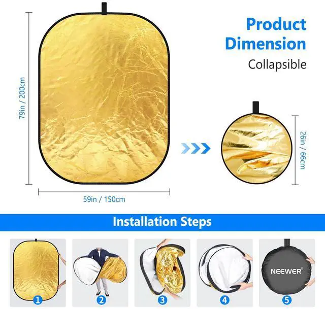 Alt view image 3 of 7 - NEEWER 59"x79"/150x200cm Light Reflectors for Photography, Portable 5 in 1 Collapsible Multi Disc with Bag - Translucent, Silver, Gold, Black, White Diffuser for Studio and Outdoor Lighting
