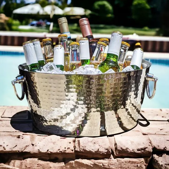 Alt view image 2 of 7 - BREKX Hammered Stainless-Steel Beverage Tub, Double-Walled Insulated Anchored Drink Tub & Ice Bucket with Double Hinged Handles, Drink Chiller for Parties, 12 Quarts