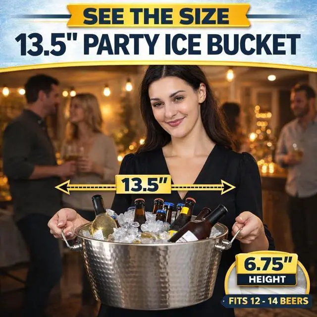 Alt view image 3 of 7 - BREKX Hammered Stainless-Steel Beverage Tub, Double-Walled Insulated Anchored Drink Tub & Ice Bucket with Double Hinged Handles, Drink Chiller for Parties, 12 Quarts
