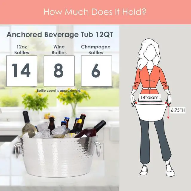 Alt view image 6 of 7 - BREKX Hammered Stainless-Steel Beverage Tub, Double-Walled Insulated Anchored Drink Tub & Ice Bucket with Double Hinged Handles, Drink Chiller for Parties, 12 Quarts