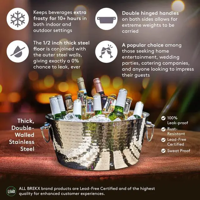 Alt view image 7 of 7 - BREKX Hammered Stainless-Steel Beverage Tub, Double-Walled Insulated Anchored Drink Tub & Ice Bucket with Double Hinged Handles, Drink Chiller for Parties, 12 Quarts