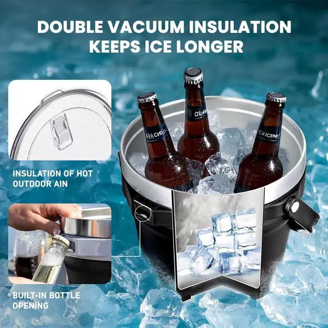 Alt view image 4 of 7 - COKTIK 7L Insulated Ice Bucket with LidDouble Wall Vacuum Stainless Steel Beverage Bucket Keeps Frozen LongerHolds 6 Longnecks or 3 Bottles of Winefor Cocktail, Champagne, Large Parties(Black)