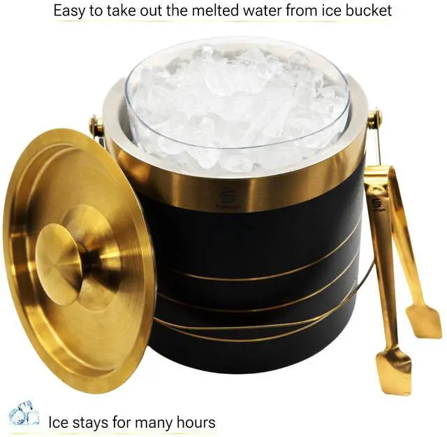 Alt view image 2 of 7 - 3L - Double-walled stainless Steel Ice Bucket with lid, Ice Tong and Inner Bucket for parties, cocktail bars and indoor and outdoor parties