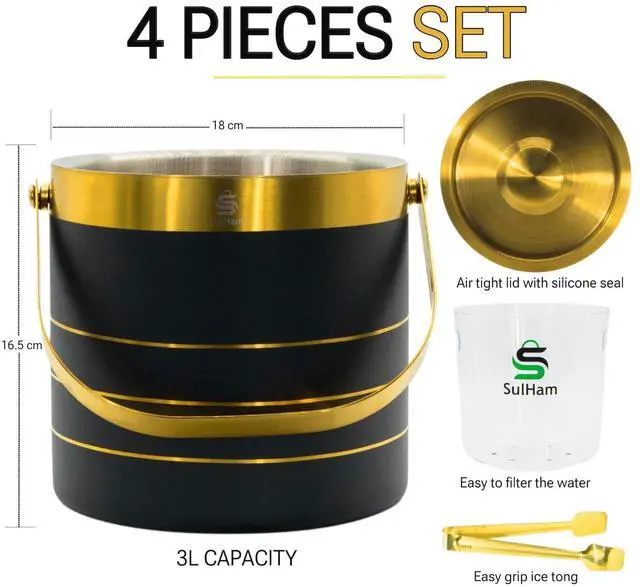 Alt view image 3 of 7 - 3L - Double-walled stainless Steel Ice Bucket with lid, Ice Tong and Inner Bucket for parties, cocktail bars and indoor and outdoor parties