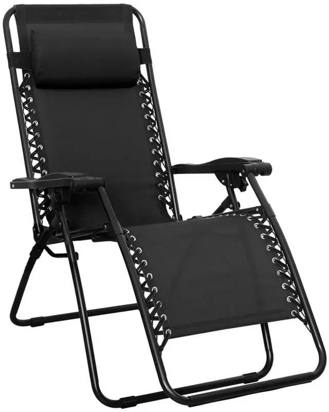 Amazon Basics Outdoor Patio Zero Gravity Portable Folding Reclining Lounge Chair with Padded Headrest Pillow, Weather Resistant Textilene, 26", Black