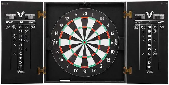 Main image of Viper Hideaway Dartboard Cabinet Set with Steel-Tip Dart Board, Reversible Board with Baseball Game Option, Two Sets of Darts, Chalk Scoreboards, and Matte Black Finish