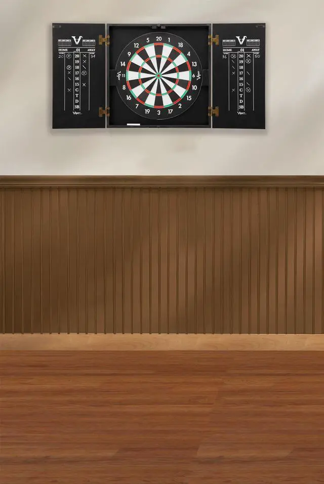 Alt view image 2 of 7 - Viper Hideaway Dartboard Cabinet Set with Steel-Tip Dart Board, Reversible Board with Baseball Game Option, Two Sets of Darts, Chalk Scoreboards, and Matte Black Finish