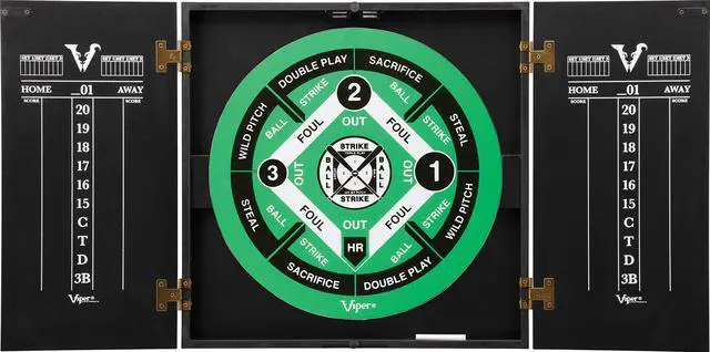 Alt view image 3 of 7 - Viper Hideaway Dartboard Cabinet Set with Steel-Tip Dart Board, Reversible Board with Baseball Game Option, Two Sets of Darts, Chalk Scoreboards, and Matte Black Finish