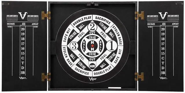 Alt view image 4 of 7 - Viper Hideaway Dartboard Cabinet Set with Steel-Tip Dart Board, Reversible Board with Baseball Game Option, Two Sets of Darts, Chalk Scoreboards, and Matte Black Finish