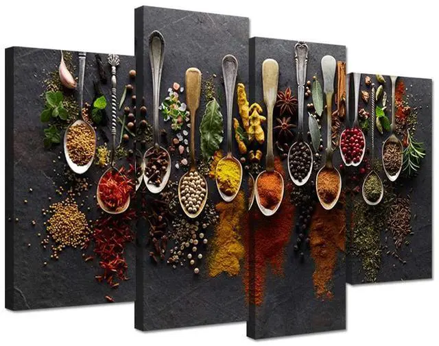 Main image of iHAPPYWALL Kitchen Pictures Wall Decor 4 Pieces Couful Spice in Spoon Vintage Canvas Wall Art Food Photos Painting On Canvas Stretched Framed Home Decoration Gift Ready to Hang