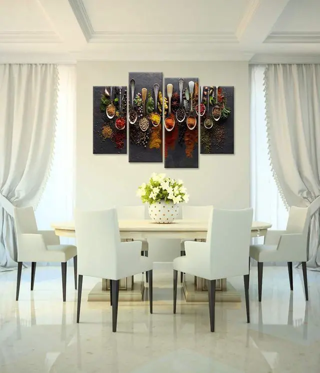 Alt view image 4 of 7 - iHAPPYWALL Kitchen Pictures Wall Decor 4 Pieces Couful Spice in Spoon Vintage Canvas Wall Art Food Photos Painting On Canvas Stretched Framed Home Decoration Gift Ready to Hang