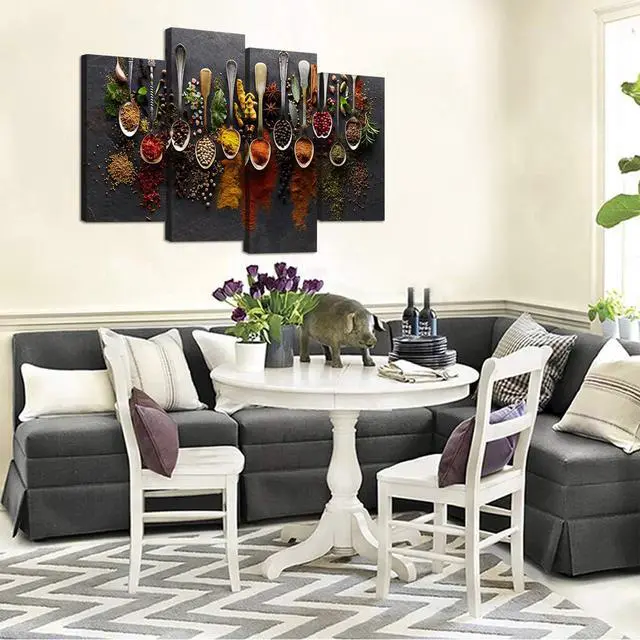 Alt view image 3 of 7 - iHAPPYWALL Kitchen Pictures Wall Decor 4 Pieces Couful Spice in Spoon Vintage Canvas Wall Art Food Photos Painting On Canvas Stretched Framed Home Decoration Gift Ready to Hang