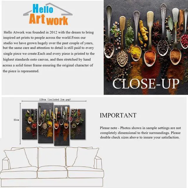 Alt view image 6 of 7 - iHAPPYWALL Kitchen Pictures Wall Decor 4 Pieces Couful Spice in Spoon Vintage Canvas Wall Art Food Photos Painting On Canvas Stretched Framed Home Decoration Gift Ready to Hang
