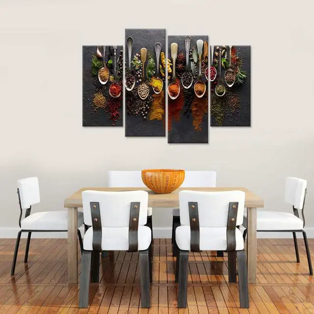 Alt view image 5 of 7 - iHAPPYWALL Kitchen Pictures Wall Decor 4 Pieces Couful Spice in Spoon Vintage Canvas Wall Art Food Photos Painting On Canvas Stretched Framed Home Decoration Gift Ready to Hang