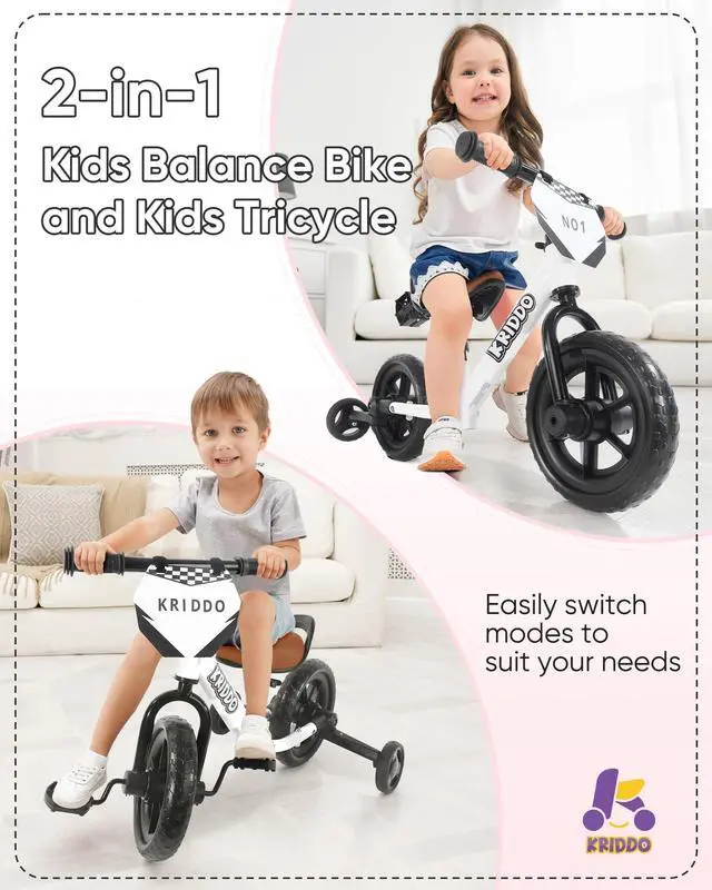 Alt view image 2 of 7 - KRIDDO 2-in-1 Kids Tricycle and Toddler Balance Bike 2 Year Old, Detachable Pedals and Stowable Training Wheels, DIY Plate, Riding Trikes Toy for Ages 18 Months to 3 Years, White