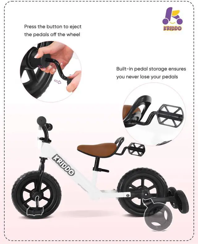 Alt view image 3 of 7 - KRIDDO 2-in-1 Kids Tricycle and Toddler Balance Bike 2 Year Old, Detachable Pedals and Stowable Training Wheels, DIY Plate, Riding Trikes Toy for Ages 18 Months to 3 Years, White