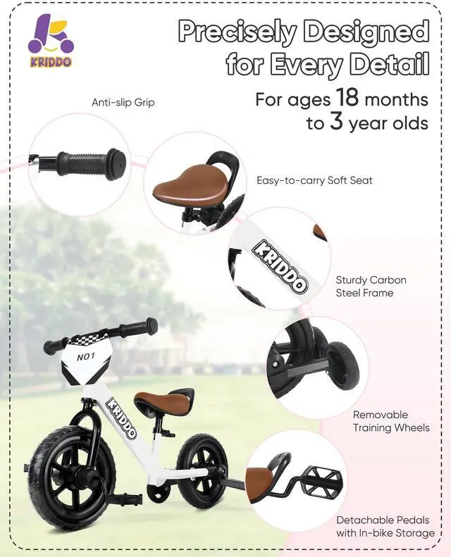 Alt view image 5 of 7 - KRIDDO 2-in-1 Kids Tricycle and Toddler Balance Bike 2 Year Old, Detachable Pedals and Stowable Training Wheels, DIY Plate, Riding Trikes Toy for Ages 18 Months to 3 Years, White