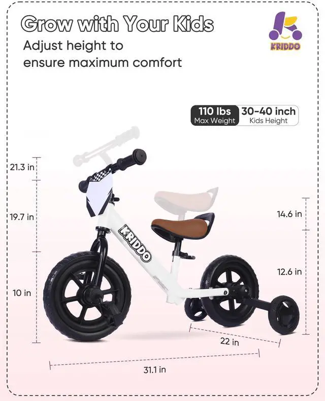 Alt view image 6 of 7 - KRIDDO 2-in-1 Kids Tricycle and Toddler Balance Bike 2 Year Old, Detachable Pedals and Stowable Training Wheels, DIY Plate, Riding Trikes Toy for Ages 18 Months to 3 Years, White