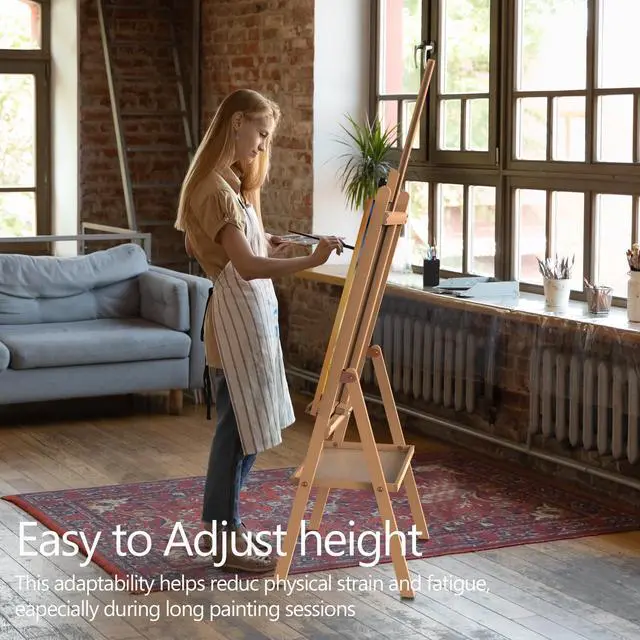 Alt view image 6 of 7 - Reuentone H-Frame Wooden Art Easel Adjustable Height 58"-75" with Storage Tray, Sturdy Beech Wood Easel Stand for Adults Students Artists, Holds Canvas Up to 36"