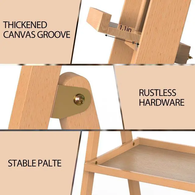 Alt view image 4 of 7 - Reuentone H-Frame Wooden Art Easel Adjustable Height 58"-75" with Storage Tray, Sturdy Beech Wood Easel Stand for Adults Students Artists, Holds Canvas Up to 36"