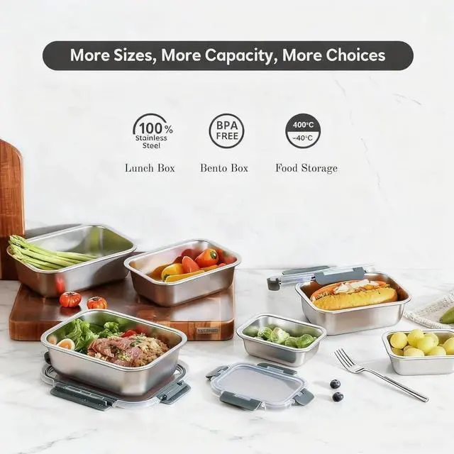 Alt view image 2 of 7 - Cuiselect 8 PCS Stainless Steel Lunch Box, 4-Size (58/41 /24 /14Oz) Stackable Metal Bento Boxes BPA Free Dishwasher Safe, Food Storage Containe, Leakproof Reusable Meal Storage for Work,Travel (Gray)