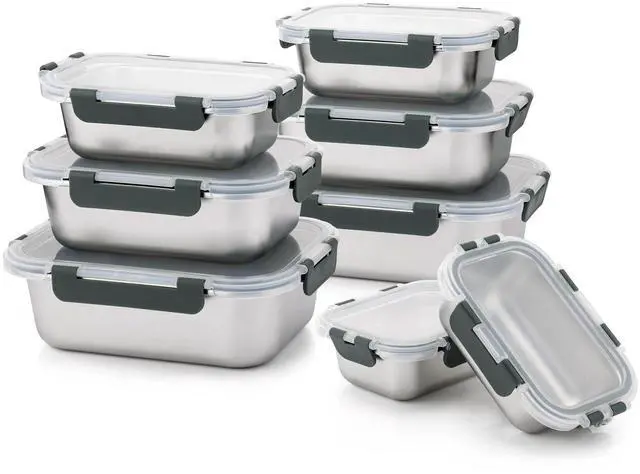 Main image of Cuiselect 8 PCS Stainless Steel Lunch Box, 4-Size (58/41 /24 /14Oz) Stackable Metal Bento Boxes BPA Free Dishwasher Safe, Food Storage Containe, Leakproof Reusable Meal Storage for Work,Travel (Gray)